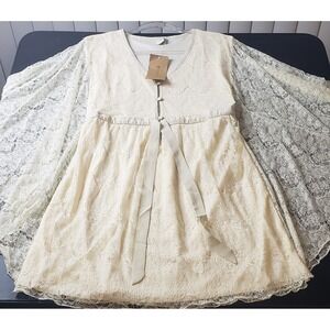 Paper Crane Ivory Floral Lace Kimono Sleeves Tunic Mini Dress M Ethereal Dainty